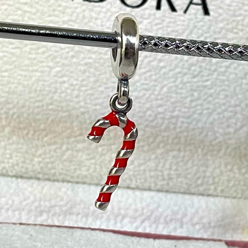 Authentic Pandora Sterling Silver ~ Red Enamel Candy Cane Dangle Charm